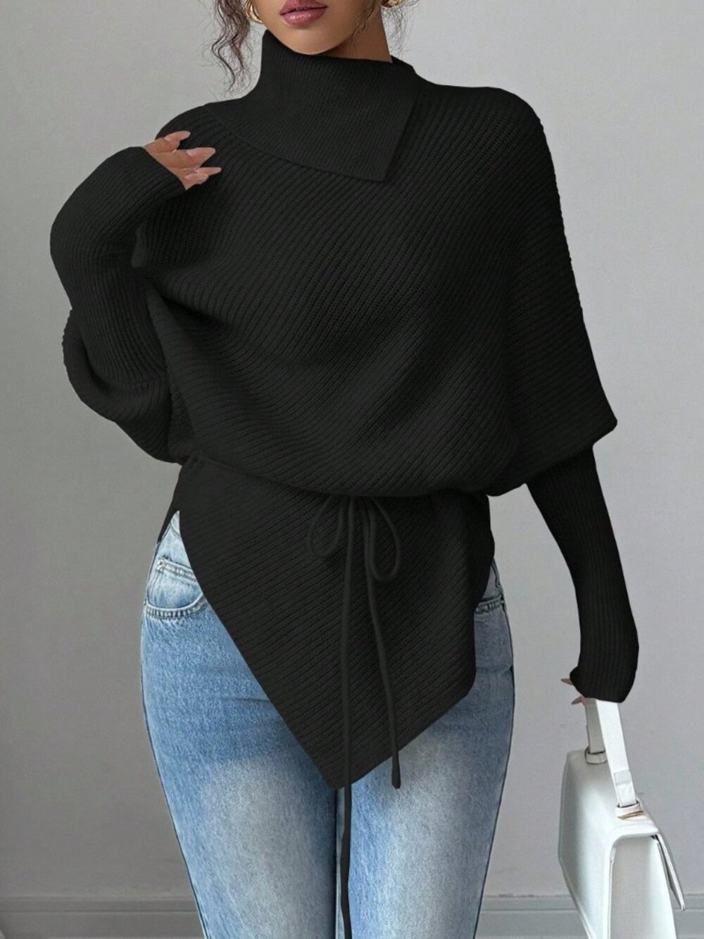 Black Casual Women's High Neck Batwing Sleeve Asymmetrical Hem Sweater - Picture 5 of 5